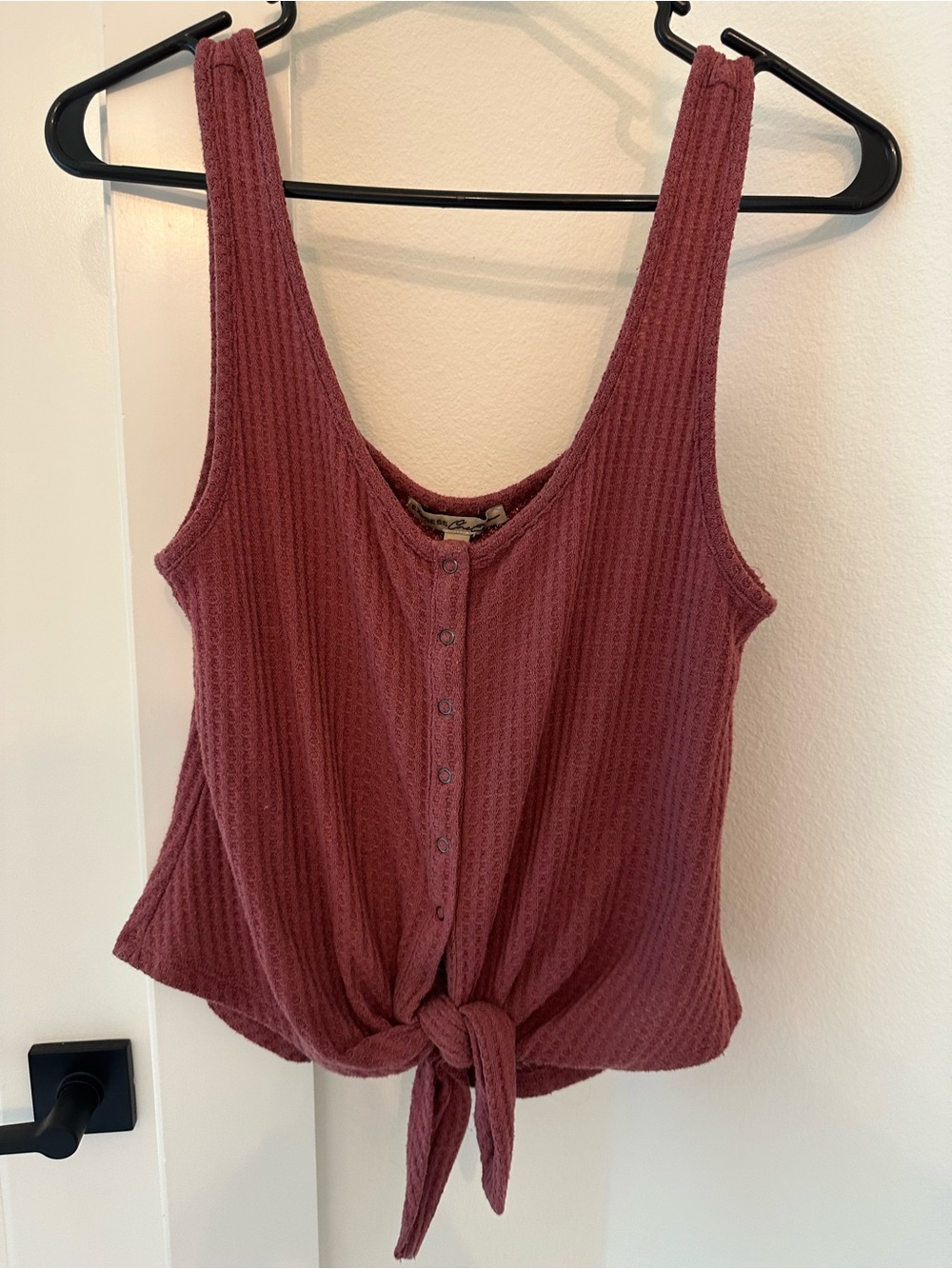 Express Waffle Knit Tie-Front Tank Top - Dusty Rose